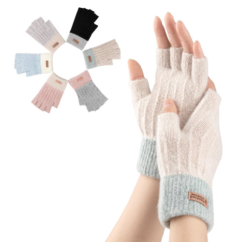 Bodvera Women's Winter Half-Finger Knit Gloves