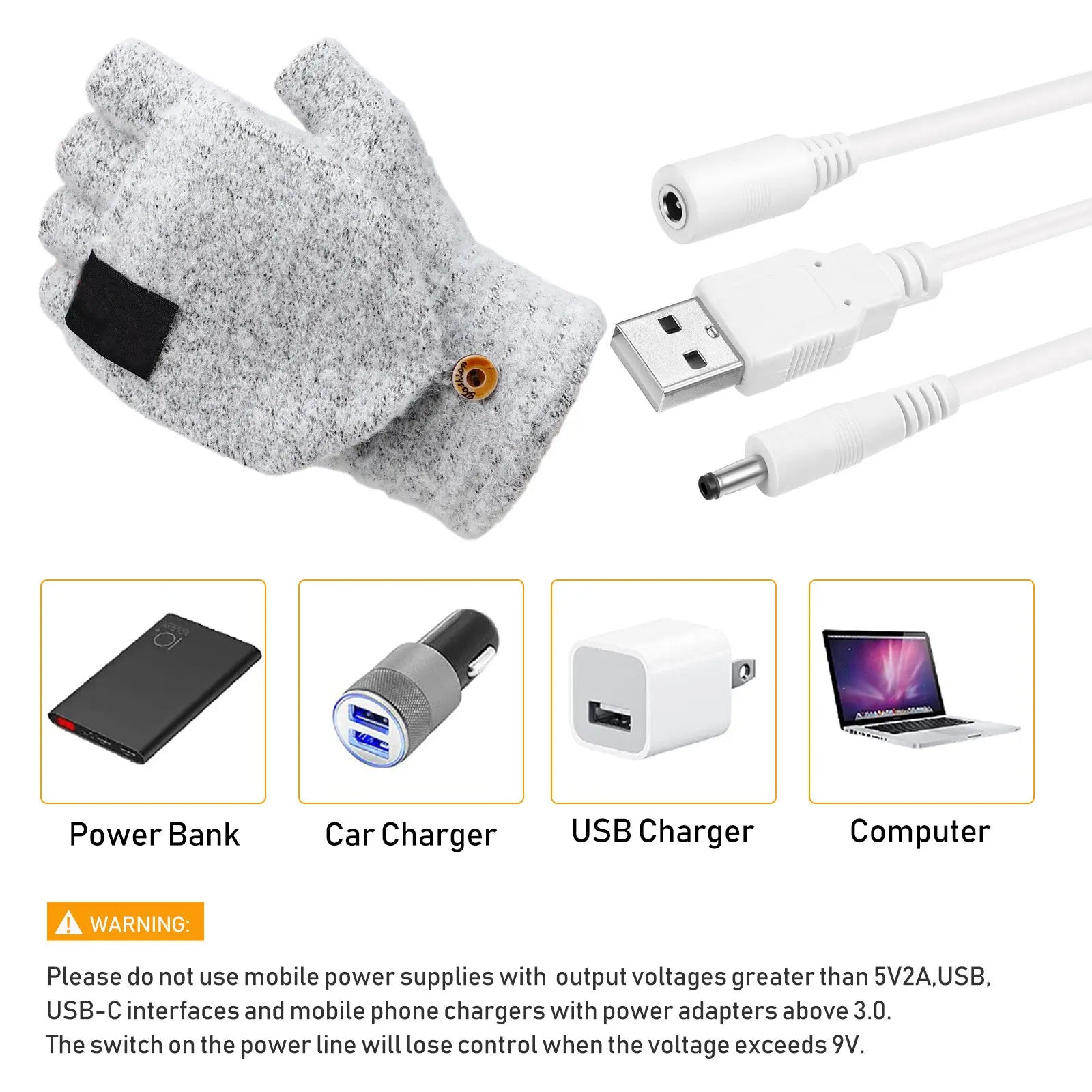 1Pair USB Heated Gloves 5V Powered Double-Sided Heat Fiber Wire Warmth Ergonomic Flip Design Elastic Fit for Home Office School