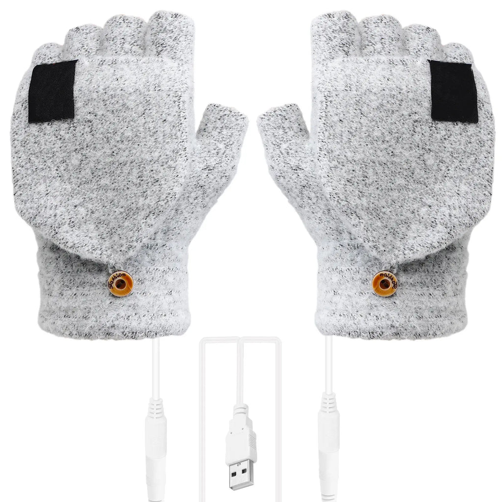1Pair USB Heated Gloves 5V Powered Double-Sided Heat Fiber Wire Warmth Ergonomic Flip Design Elastic Fit for Home Office School